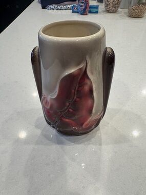 Royal Copley harmony Ceramic Leaf Relief Vase in Cream and Burgundy